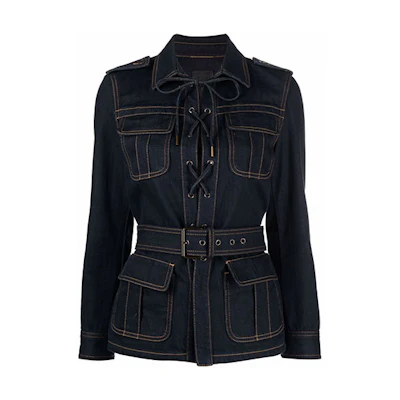(Women) SAINT LAURENT SS22 Striped Tie Long Sleeve Denim Jacket Women Dark Blue 695161Y24GA4331