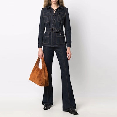 (Women) SAINT LAURENT SS22 Striped Tie Long Sleeve Denim Jacket Women Dark Blue 695161Y24GA4331 Shop (Women) SAINT LAURENT SS22 Striped Tie Long Sleeve Denim Jacket Women Dark Blue 695161Y24GA4331