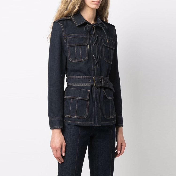 Details for (W) SAINT LAURENT SS22 Jaket Denim Wanita Lengan Panjang Garis Biru Tua 695161Y24GA4331