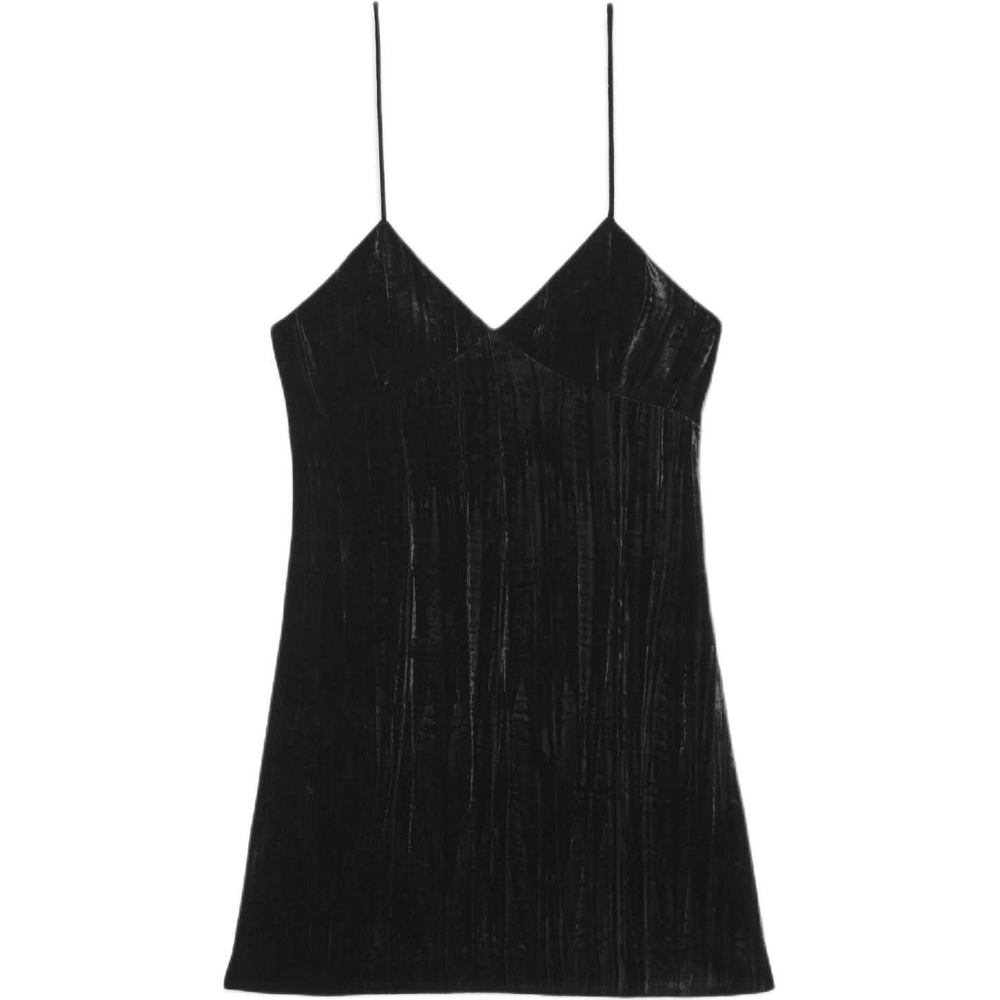 (Women) SAINT LAURENT SS22 Suede Spaghetti Strap Sleeveless Dress Women Black 683136Y130R1000