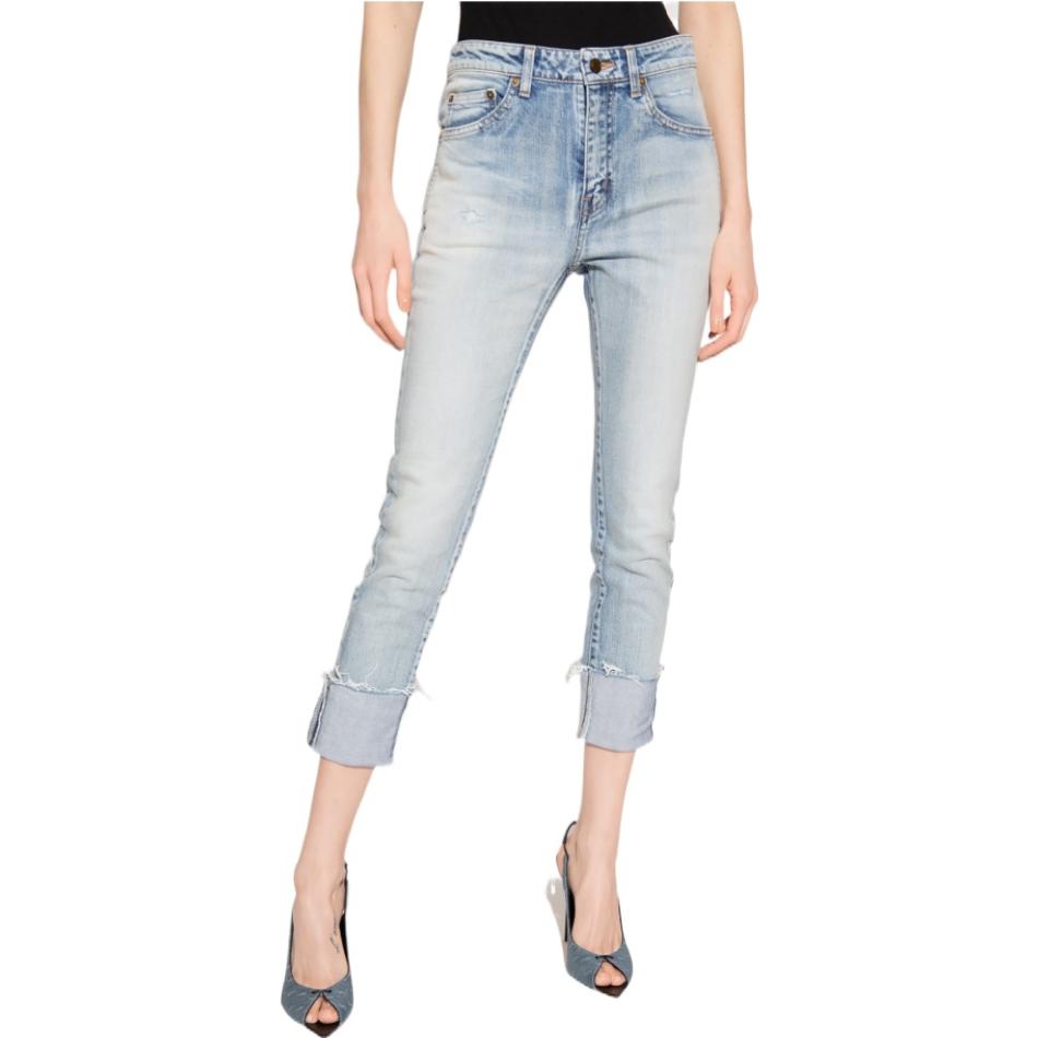 Shop (Women) Saint Laurent SS22 Washed Distressed Skinny Mid-Rise Jeans Women Blue. 684424Y06DL4570