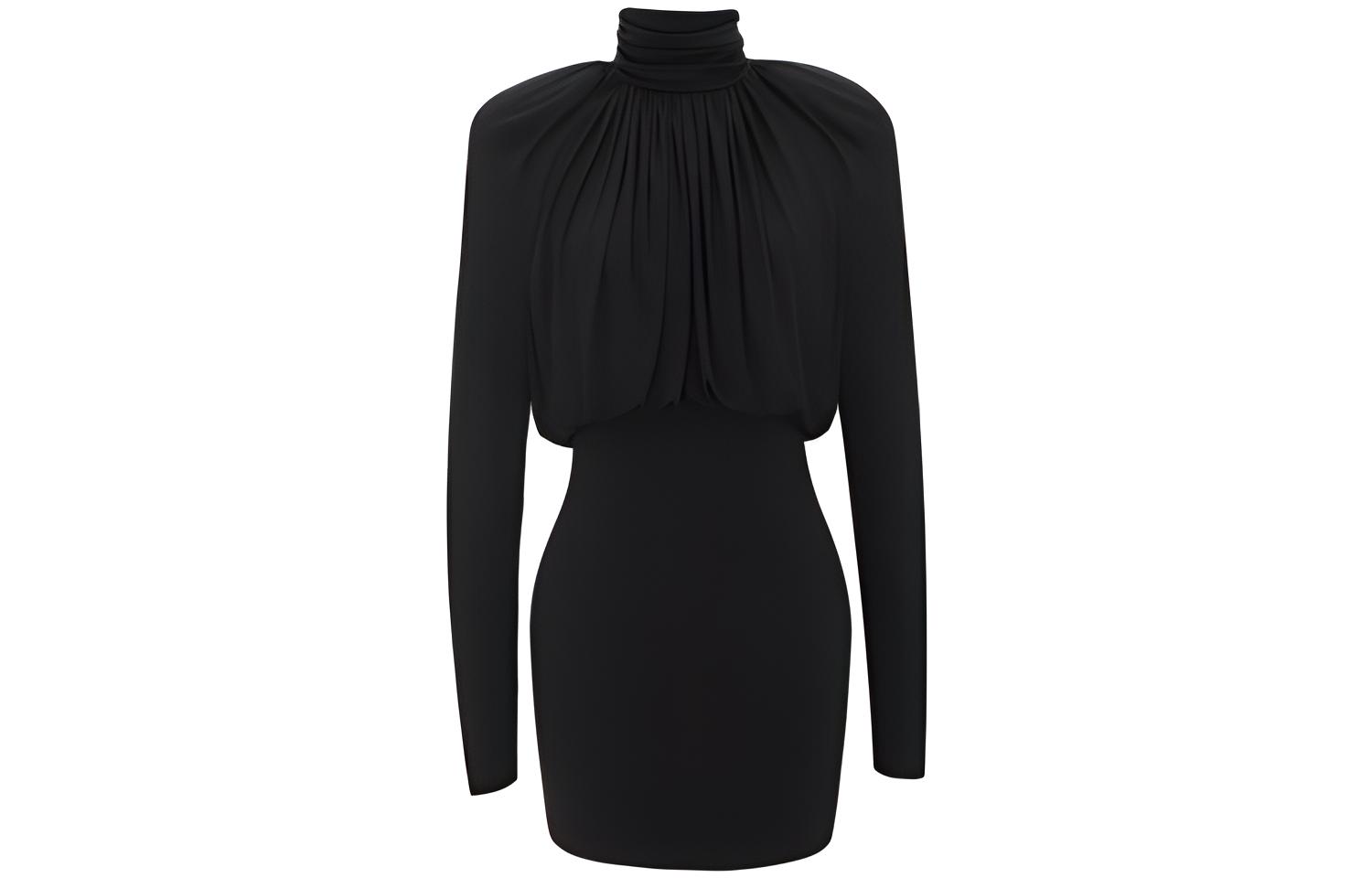 (Women) SAINT LAURENT SS23  Black High-Neck Long Sleeve Slim Fit Dress. 748986Y5F631000