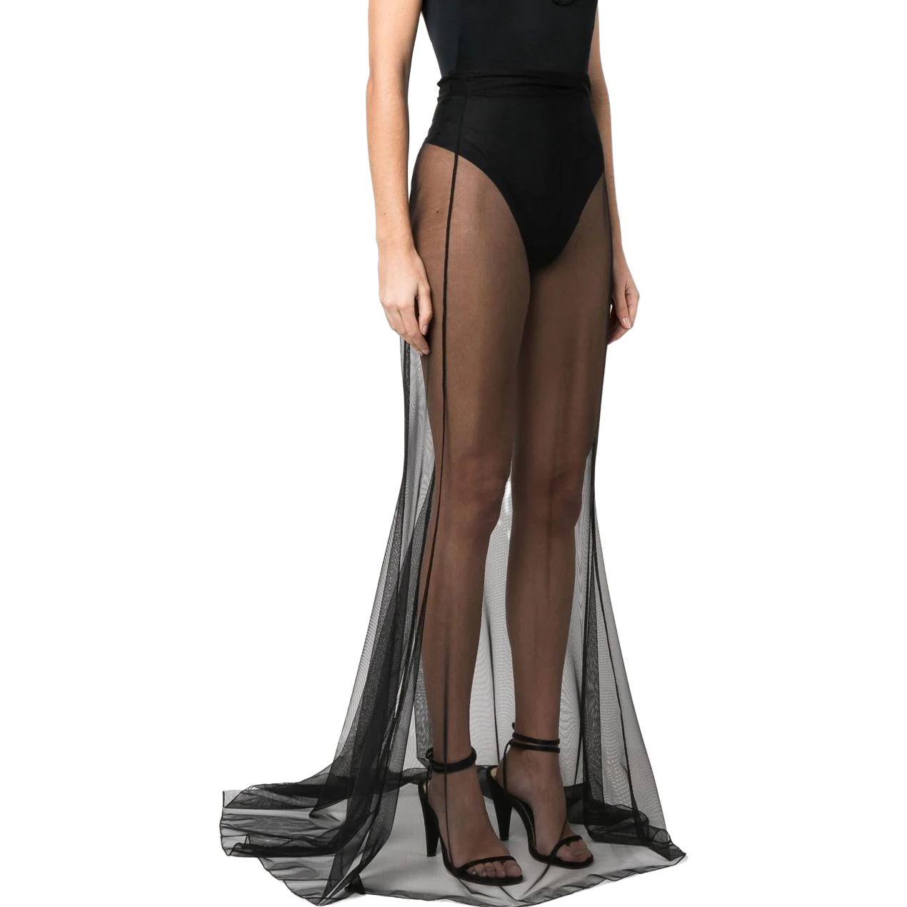 Shop (W) SAINT LAURENT SS23 Skirt Hitam Pinggang Tinggi Slim Sheer Gaya Duyung. 717931Y257L1000