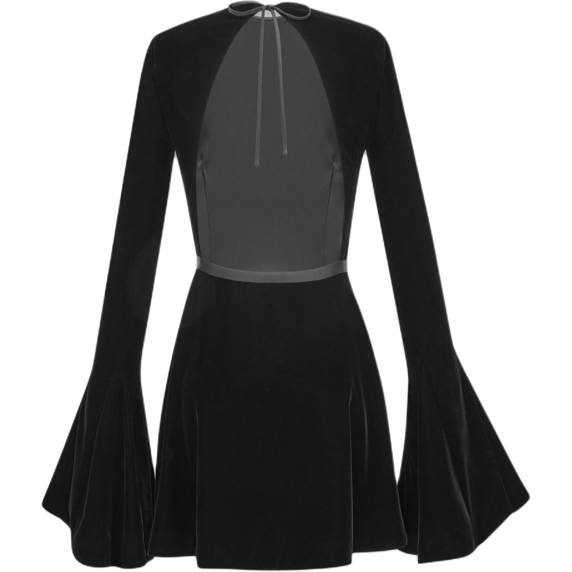 Lookbook (W) 圣罗兰女士黑色麂皮无背圆领绑带喇叭袖连衣裙 803917Y1H021000