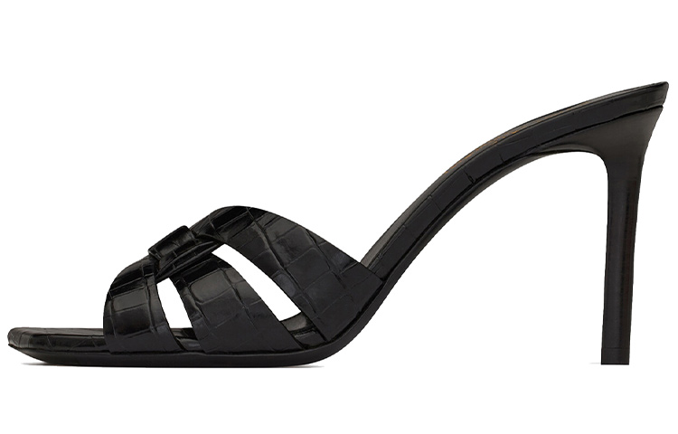 (Women) Saint Laurent Tribute 'Crocodile Embossed Shiny Black Mule High Heels' 6509861YQ001000