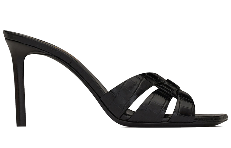 Order (Women) Saint Laurent Tribute 'Crocodile Embossed Shiny Black Mule High Heels' 6509861YQ001000
