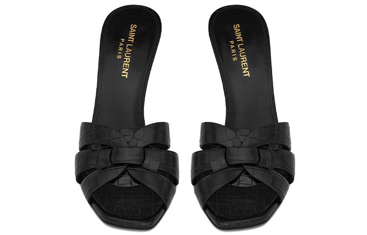 Shop (Women) Saint Laurent Tribute 'Crocodile Embossed Shiny Black Mule High Heels' 6509861YQ001000