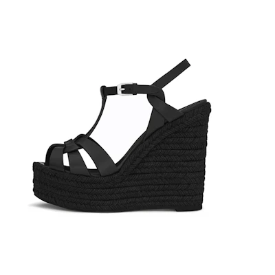 (W) Saint Laurent Tribute Black 'Smooth Leather Espadrille Wedge'