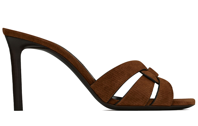 Order (W) Saint Laurent Tribute Tumit Tinggi 'Velvet dan Kulit Coklat' 65098626E002330