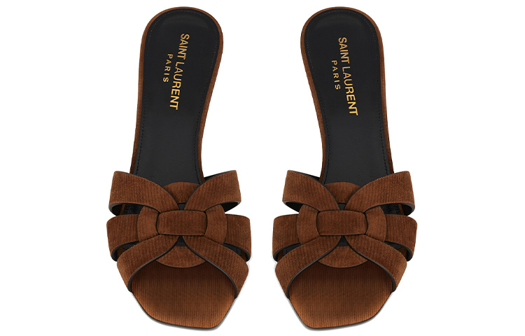 Shop (W) Saint Laurent Tribute Tumit Tinggi 'Velvet dan Kulit Coklat' 65098626E002330