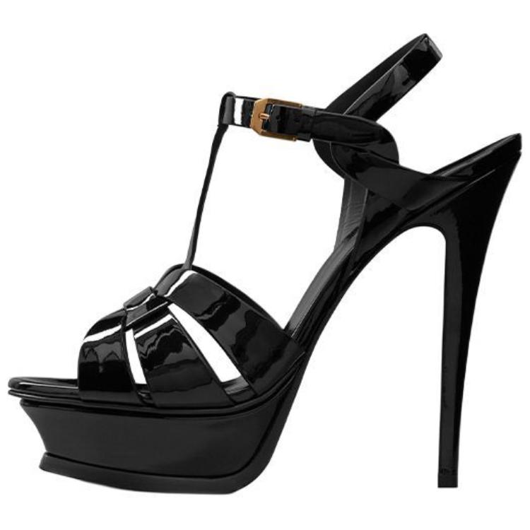 (Women) Saint Laurent Tribute Platform Sandal Heels Black Patent Leather 315487B8I001000/315487AAAOW1000
