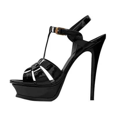 (W) Saint Laurent Tribute Platform Sandal Heels Black Patent Leather