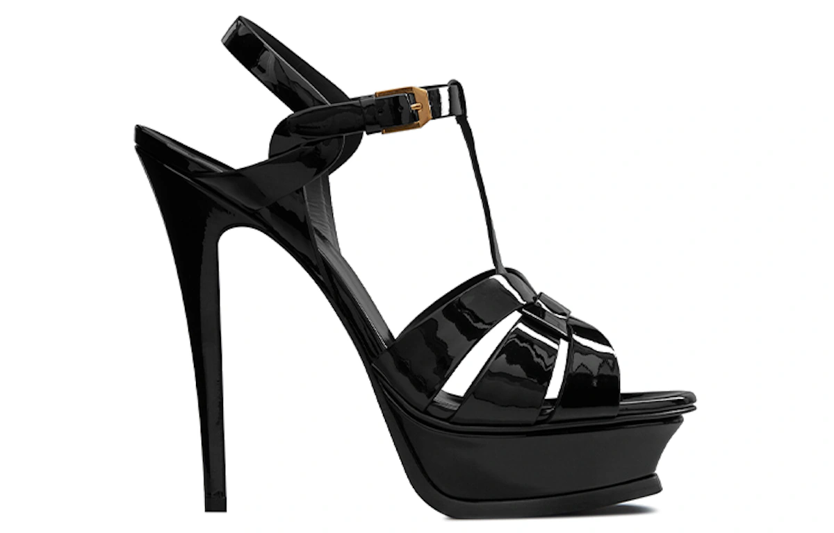 (Women) Saint Laurent Tribute Platform Sandal Heels Black Patent Leather