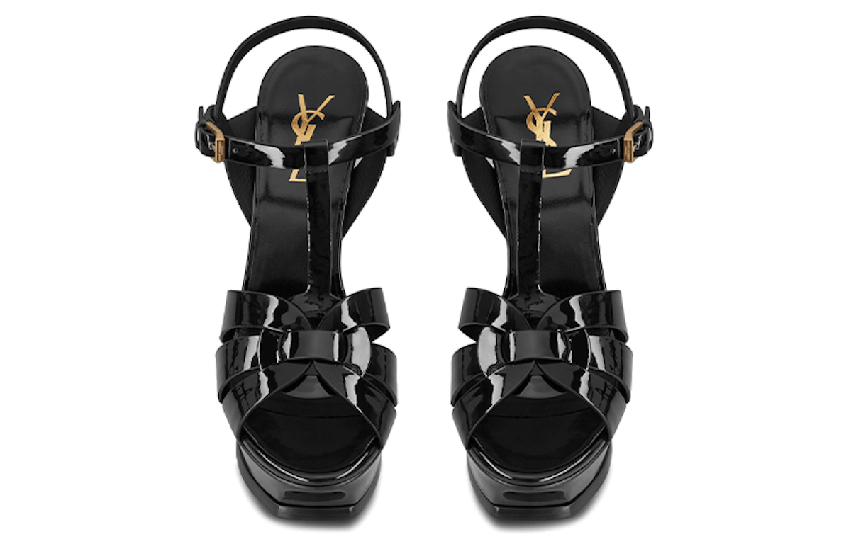 (Women) Saint Laurent Tribute Platform Sandal Heels Black Patent Leather