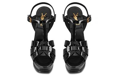 (Women) Saint Laurent Tribute Platform Sandal Heels Black Patent Leather