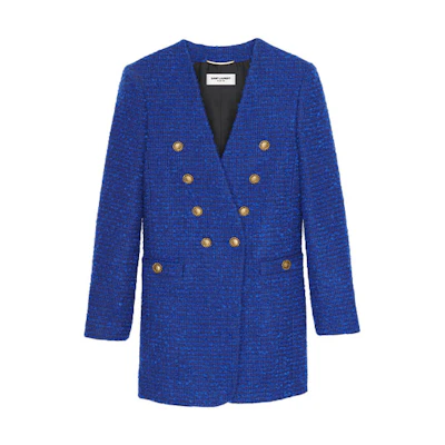 (Women) SAINT LAURENT Tweed Double-Breasted Jacket Blue FW21 671598Y7D264250