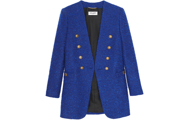 Shop (Women) SAINT LAURENT Tweed Double-Breasted Jacket Blue FW21 671598Y7D264250
