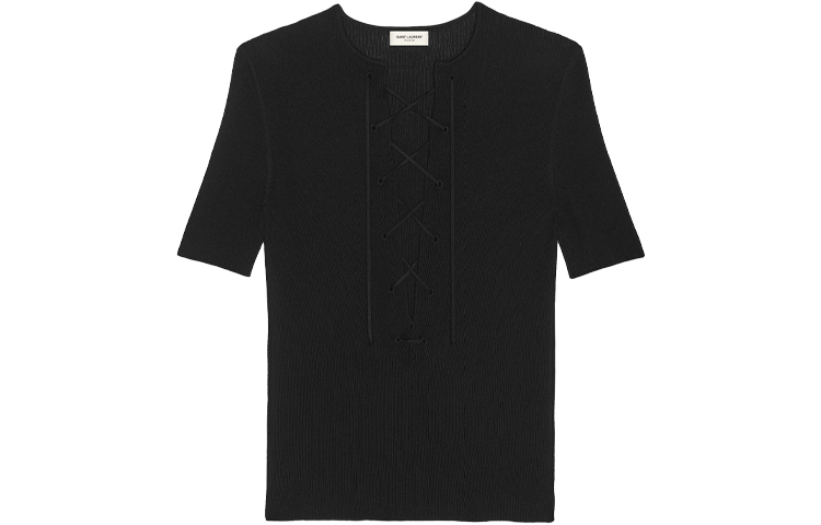 (Women) SAINT LAURENT V-Neck Lace-Up Ribbed Knit T-Shirt in Black. 658741YAPK21000