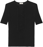 (Women) SAINT LAURENT V-Neck Lace-Up Ribbed Knit T-Shirt in Black. 658741YAPK21000 (Women) SAINT LAURENT V-Neck Lace-Up Ribbed Knit T-Shirt in Black. 658741YAPK21000