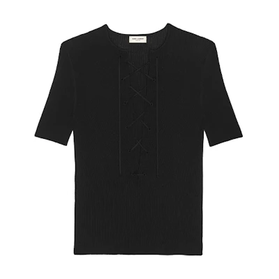 (Women) SAINT LAURENT V-Neck Lace-Up Ribbed Knit T-Shirt in Black. 658741YAPK21000