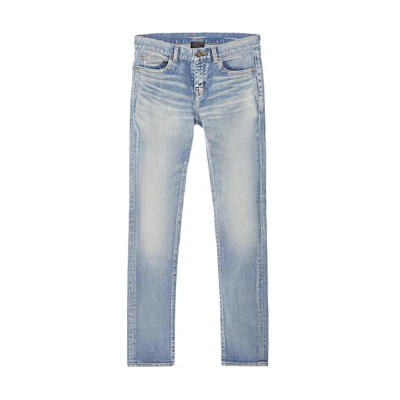 (Women) SAINT LAURENT Vintage Distressed Mid-Rise Logo Patch Jeans Women Denim Blue 614447Y507X4986