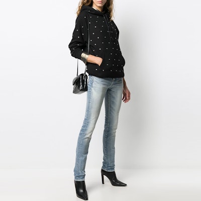 (Women) SAINT LAURENT Vintage Distressed Mid-Rise Logo Patch Jeans Women Denim Blue 614447Y507X4986 Shop (Women) SAINT LAURENT Vintage Distressed Mid-Rise Logo Patch Jeans Women Denim Blue 614447Y507X4986