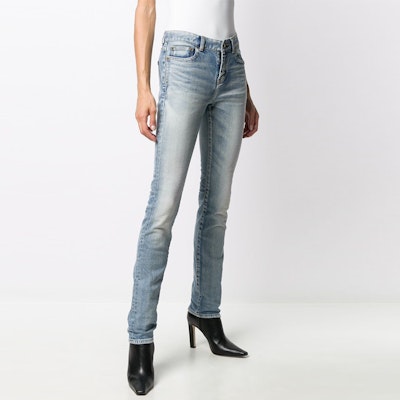 (Women) SAINT LAURENT Vintage Distressed Mid-Rise Logo Patch Jeans Women Denim Blue 614447Y507X4986 Purchase (Women) SAINT LAURENT Vintage Distressed Mid-Rise Logo Patch Jeans Women Denim Blue 614447Y507X4986