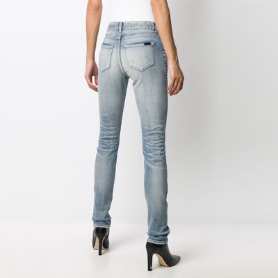 (Women) SAINT LAURENT Vintage Distressed Mid-Rise Logo Patch Jeans Women Denim Blue 614447Y507X4986 Details for (Women) SAINT LAURENT Vintage Distressed Mid-Rise Logo Patch Jeans Women Denim Blue 614447Y507X4986