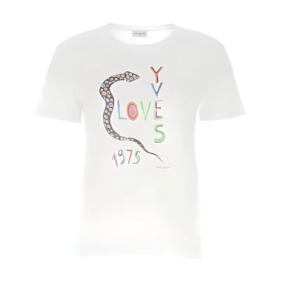 (Women) Saint Laurent White Casual Letter Print Cotton Short Sleeve T-Shirt. 614271YBRR28486
