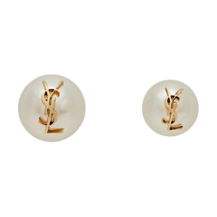 (Women) Saint Laurent YSL Logo Pearl Earrings  Gold/Beige 691563Y15269018