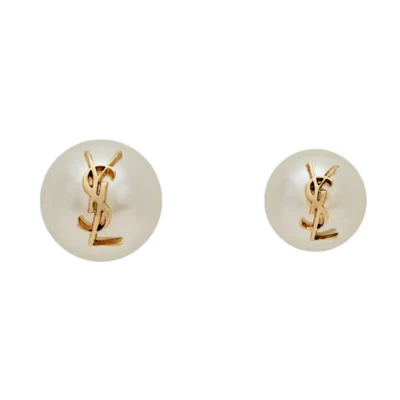 (Women) Saint Laurent YSL Logo Pearl Earrings Gold/Beige 691563Y15269018