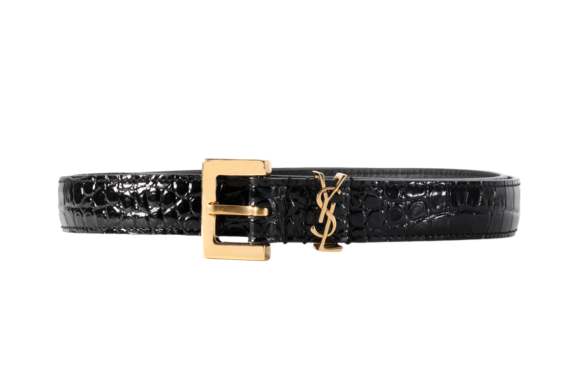 (Women) Saint Laurent YSL Monogram Croc-Embossed Leather Belt Black Women 2cm 554465DND0J1000