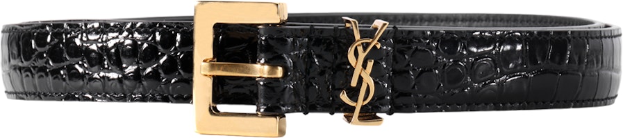(Women) Saint Laurent YSL Monogram Croc-Embossed Leather Belt Black Women 2cm 554465DND0J1000 (Women) Saint Laurent YSL Monogram Croc-Embossed Leather Belt Black Women 2cm 554465DND0J1000