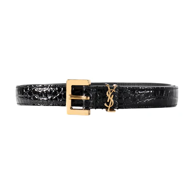 (Women) Saint Laurent YSL Monogram Croc-Embossed Leather Belt Black Women 2cm 554465DND0J1000