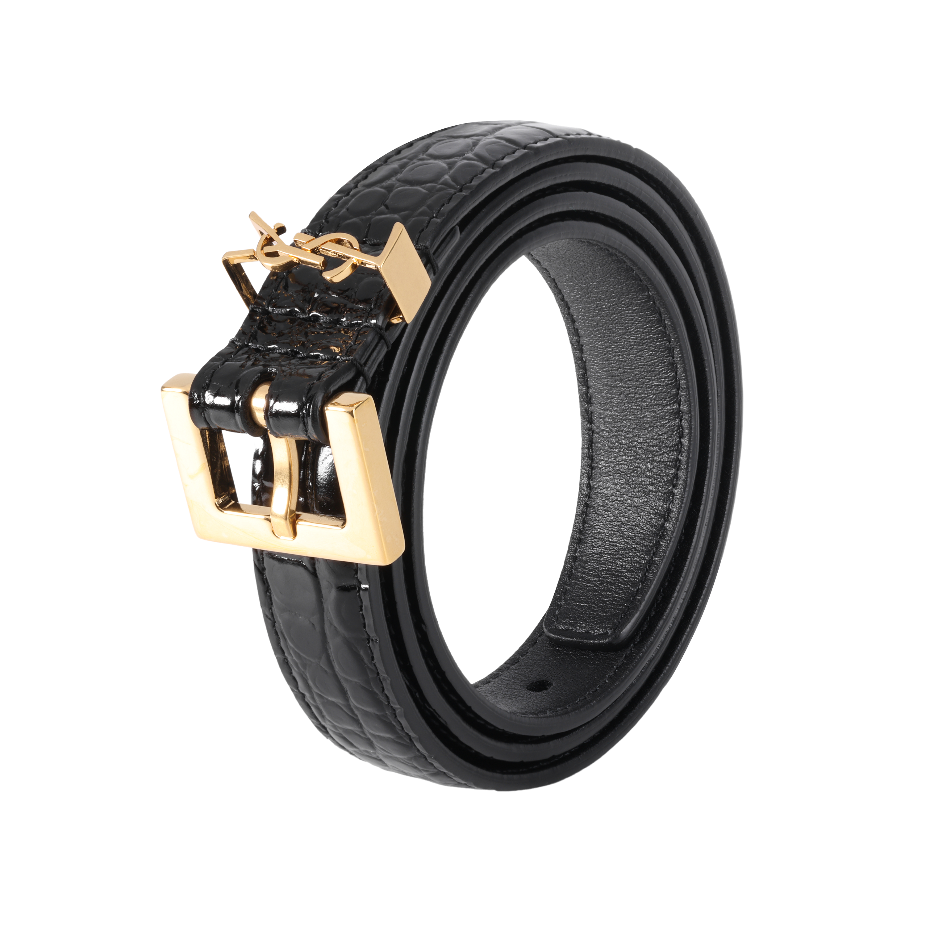 Shop (Women) Saint Laurent YSL Monogram Croc-Embossed Leather Belt Black Women 2cm 554465DND0J1000
