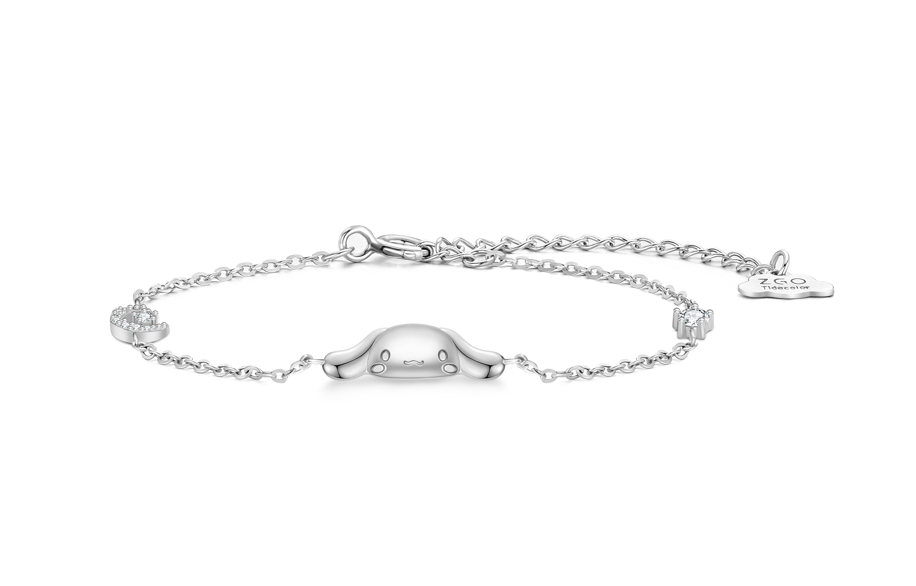 (Women) Sanrio Cinnamoroll Star Moon Silver Bracelet with Cubic Zirconia -  Gift. 6057-Cinnamon Dog Star Moon Bracelet