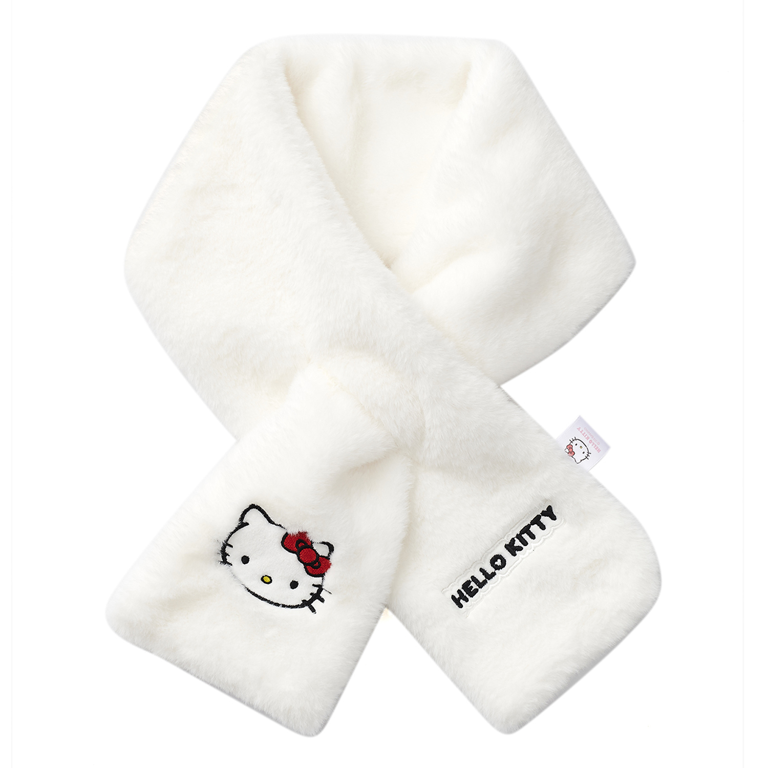 (Women) Sanrio Hello Kitty Embroidered White Fleece Scarf - Cute & Warm  Winter Accessory ZM4034