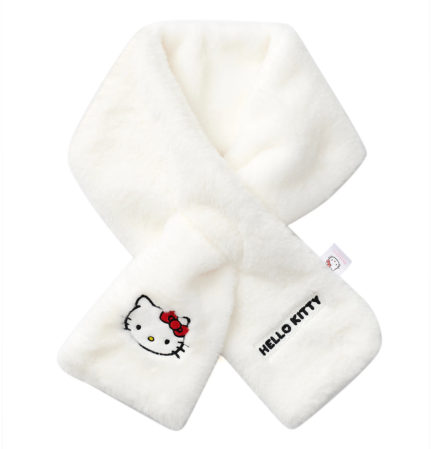 women-sanrio-hello-kitty-embroidered-white-fleece-scarf-cute-and-warm-winter-accessory-zm-4034