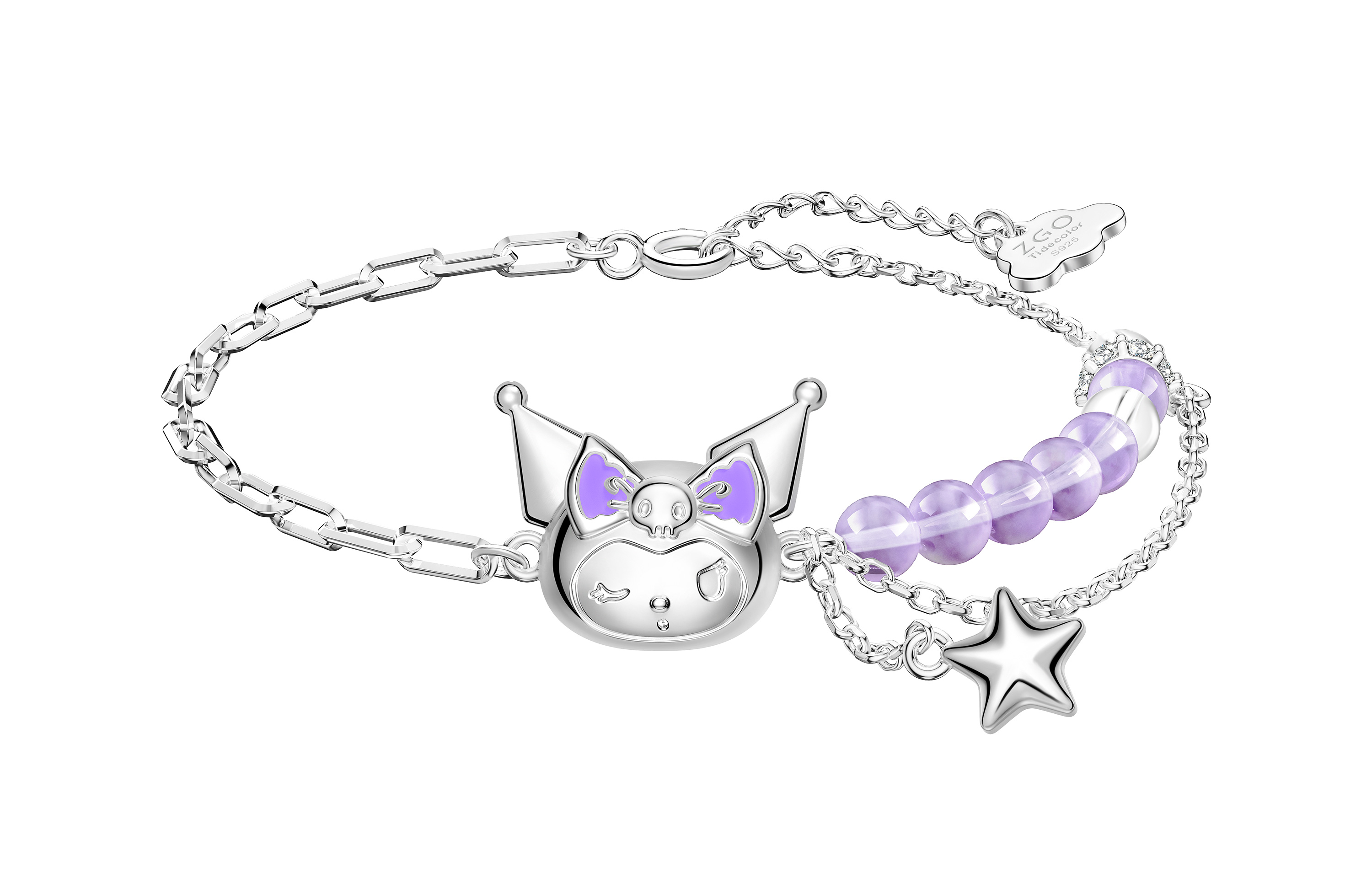 (Women) Sanrio Kuromi Purple Crystal Bead Silver Bracelet - Stylish & Elegant Gift for Women 6118-Kuromi Bracelet