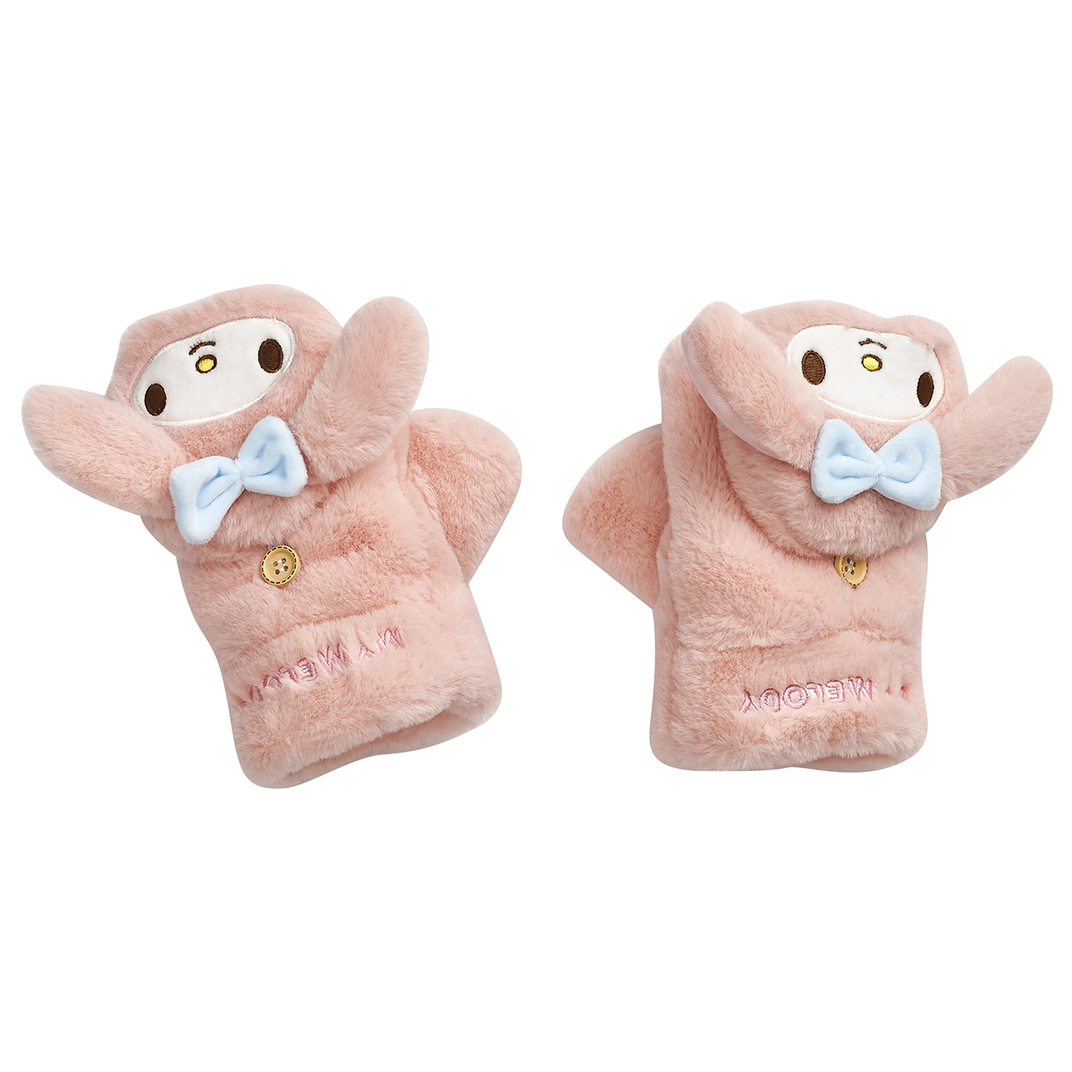 (Women) Sanrio My Melody Pink Bow Flip-Top Fleece Gloves for Women - Cute & Warm Outdoor Wear ST5007 Powder