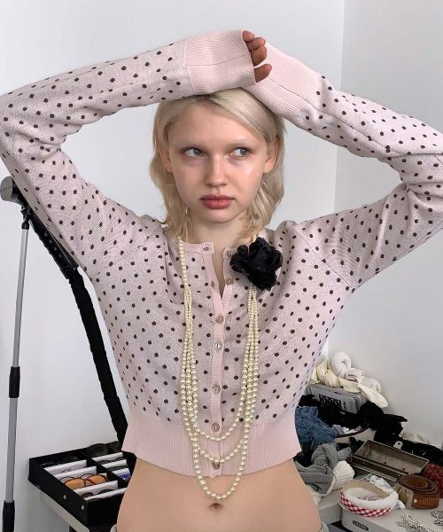 Lookbook (Women) SCULPTOR Baby Pink/Brown Polka Dot Cardigan SC25S213PK