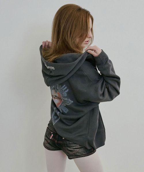 (Women) SCULPTOR Beaded Saint Charcoal Zip-Up Hoodie SC24A121FLCH