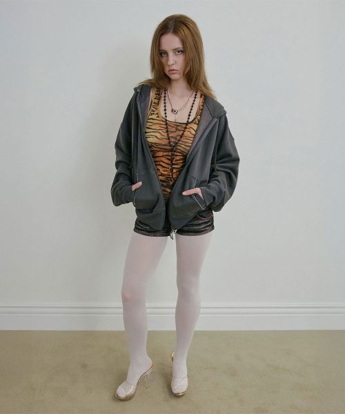 Lookbook (Women) SCULPTOR Beaded Saint Charcoal Zip-Up Hoodie SC24A121FLCH