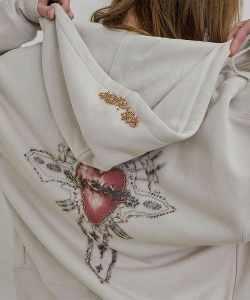 Shop (Women) SCULPTOR Beaded Saint Zip-Up Hoodie Dirty White SC24A121FLWH