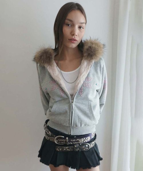 Order (Women) SCULPTOR Fur Trim Hooded Zip-Up Jacket in Melange Gray SC25A124NMMG