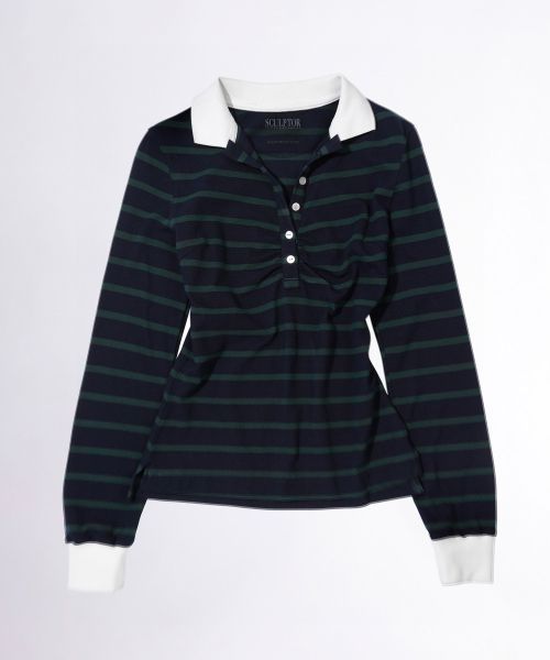 Shop (Women) Sculptor Shirring Tennis Shirt Navy Green Stripe SC24A234NA