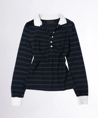 (Women) Sculptor Shirring Tennis Shirt Navy Green Stripe SC24A234NA Shop (Women) Sculptor Shirring Tennis Shirt Navy Green Stripe SC24A234NA