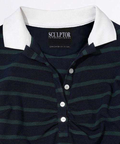 Details for (Women) Sculptor Shirring Tennis Shirt Navy Green Stripe SC24A234NA