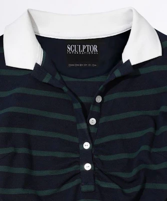 (Women) Sculptor Shirring Tennis Shirt Navy Green Stripe SC24A234NA Details for (Women) Sculptor Shirring Tennis Shirt Navy Green Stripe SC24A234NA