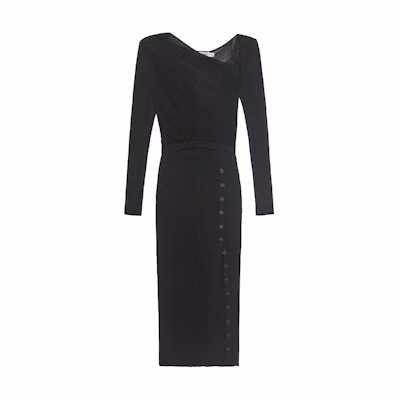 (Women) Self-Portrait Asymmetric Knit Long Sleeve Dress in Classic Black. SWF343M00800
